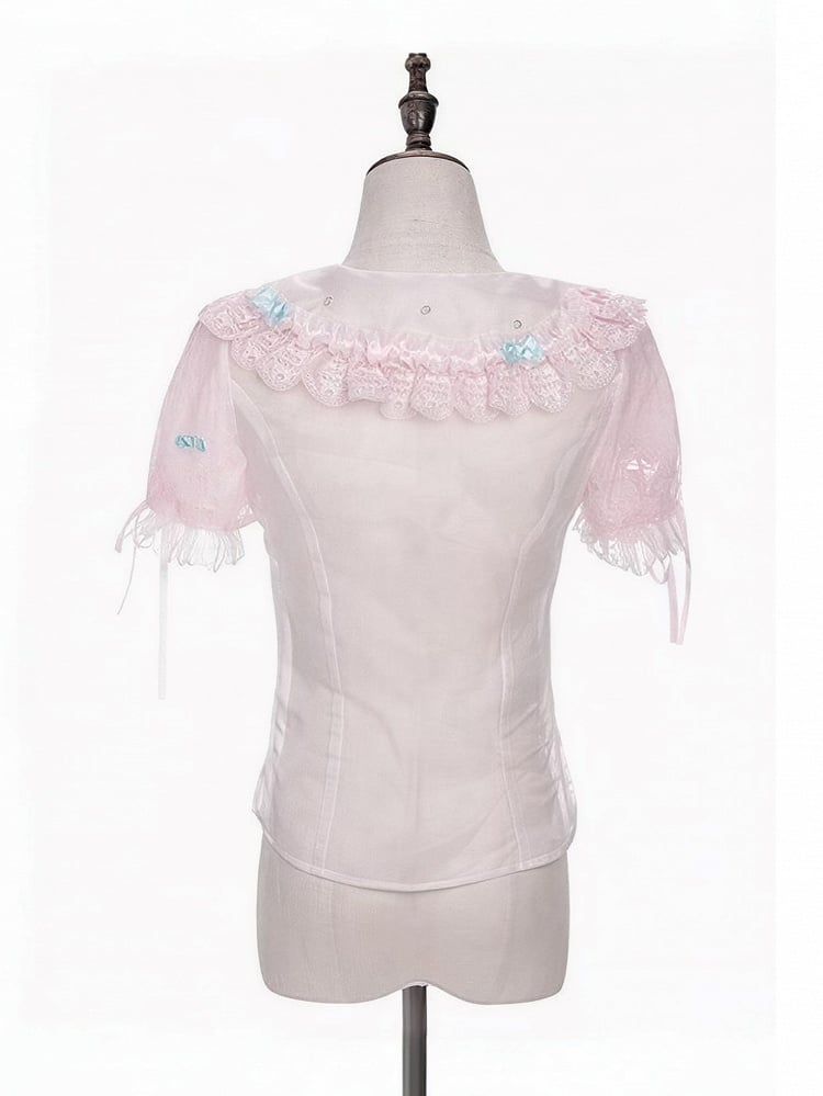 Pink Lace Trimmed Peter Pan Collar Sweet Lolita Sheer Blouse with Bows - Meng Fu Zi