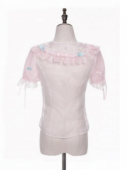 Pink Lace Trimmed Peter Pan Collar Sweet Lolita Sheer Blouse with Bows - Meng Fu Zi