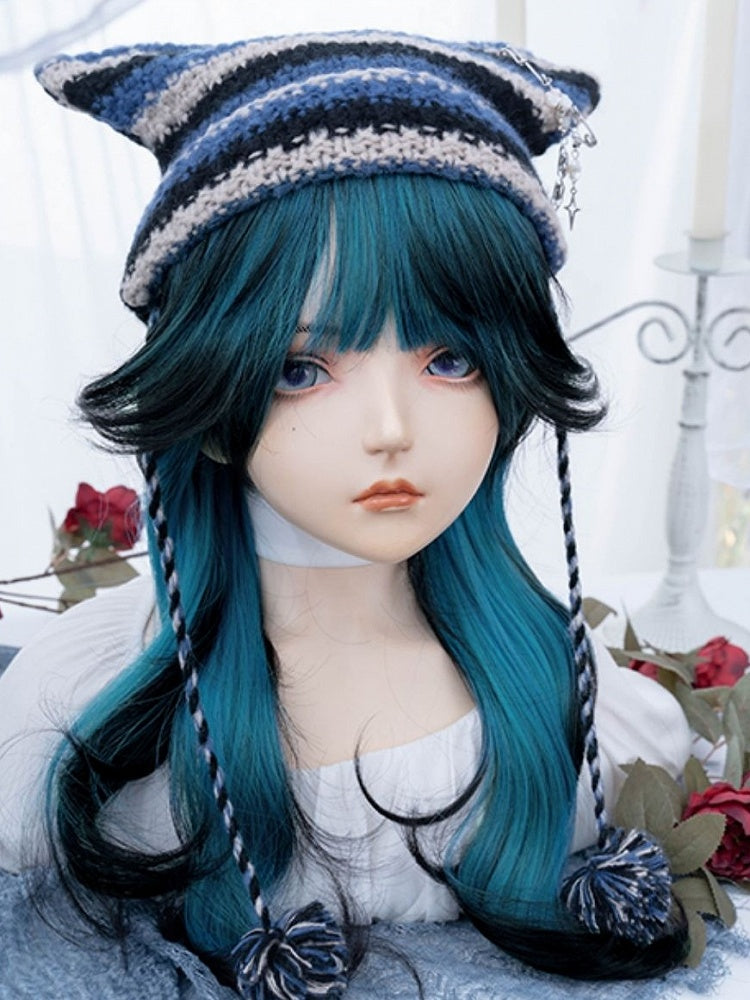 Blue-black Ombre Long Wavy Synthetic Wig With Bangs