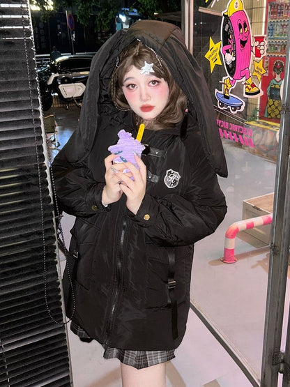 Pufferjacke mit Kapuze und Ohren, Übergröße, Hase, Schwarz