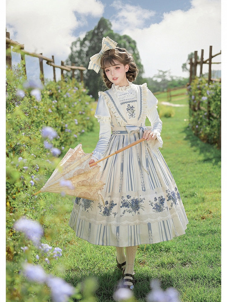 Long Blue & White Striped Floral Embroidered JSK Set with Knit Top, Belt & KC - With PUJI