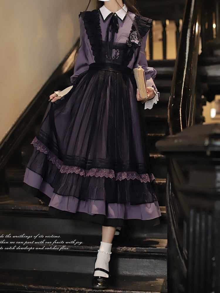 Front with Trim Embroidery Detail and Mesh Apron Dress Purple Lace Black at