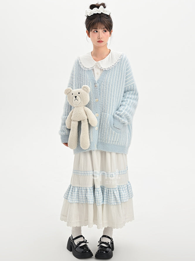 ホワイトハイウエストレーストリムスウィートスカートチェック柄パッチワーク