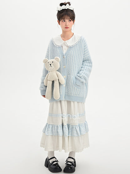 ホワイトハイウエストレーストリムスウィートスカートチェック柄パッチワーク