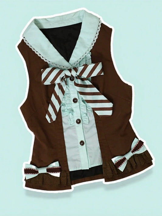 Mint and Cocoa Striped Sleeveless Two-Piece Look Top with Bows - Sweet Dream