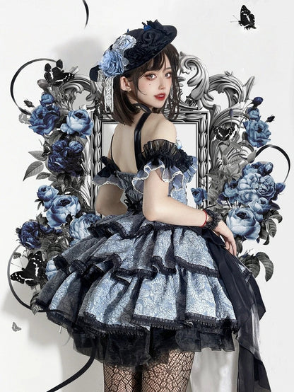 Dress Lolita Multi-Layered Texture with Dark Blue Skirt and JSK Floral Black