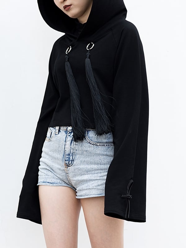 Front Baggy Long Cheongsam Hoodie Detail Crop Style and Sleeves Goth with Fringe Black