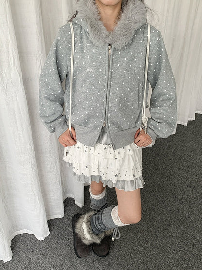 Dot Trim Jacket Dual-way Hood with Fleece-lined Plush Gray Polka Zipper