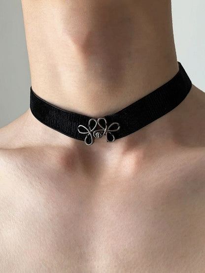 Black Velvet Choker with Metal Floral Charm - YSHXS
