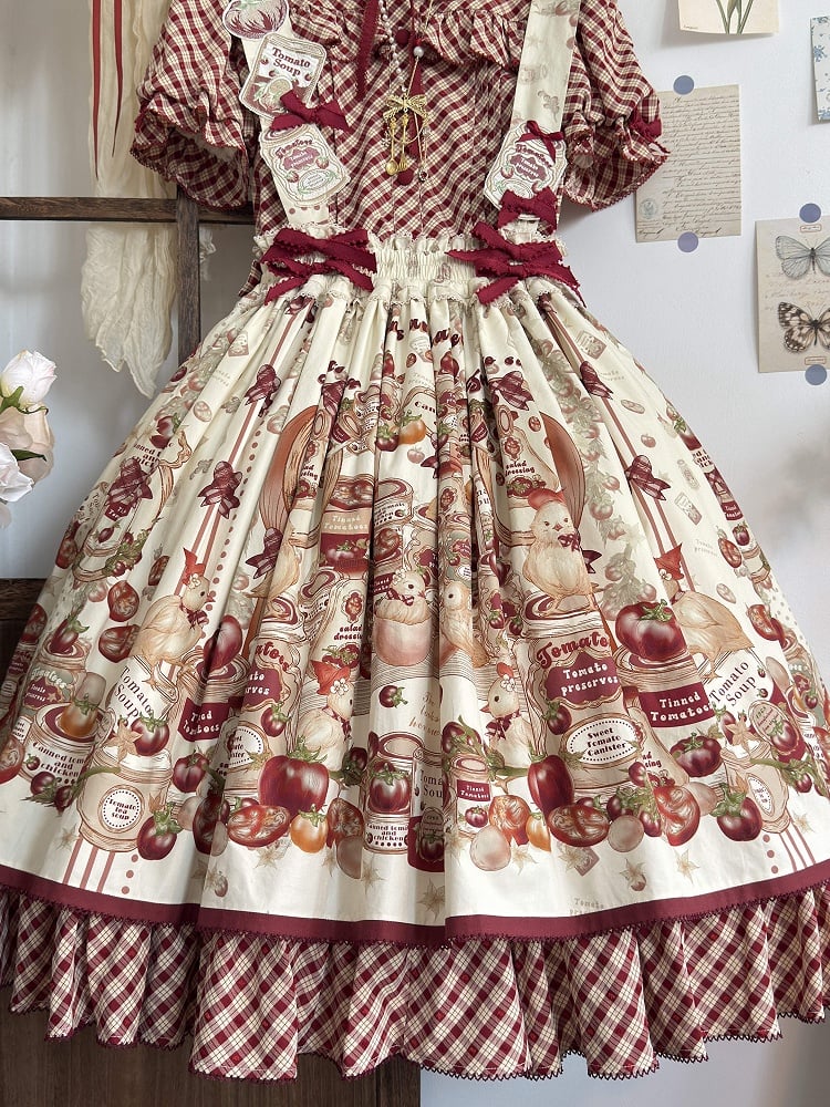 Detachable Skirt / Tomatoes Shoulder with Egg Chick Hen Lolita Straps Print and Country Fried