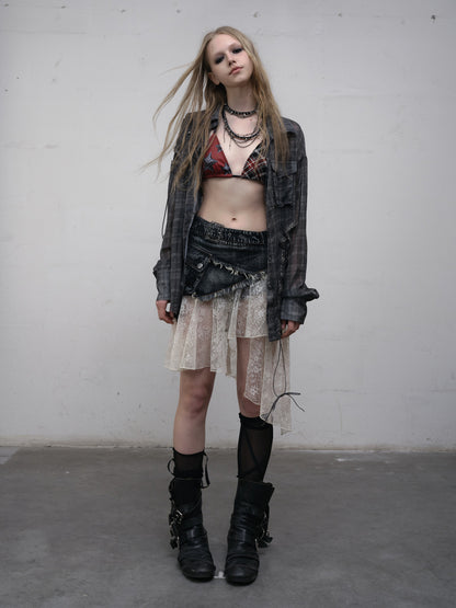 Star-Print Swimsuit Black Bikini with Punk Tie Set Plaid Details Red