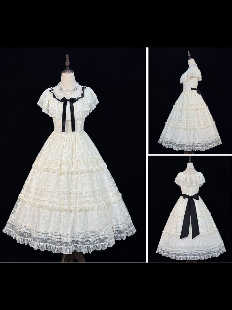 Elegant Classic Beige & Black Lolita Long JSK Gown with Butterfly Bow and Layered Skirt - Miss Cube Dressworks