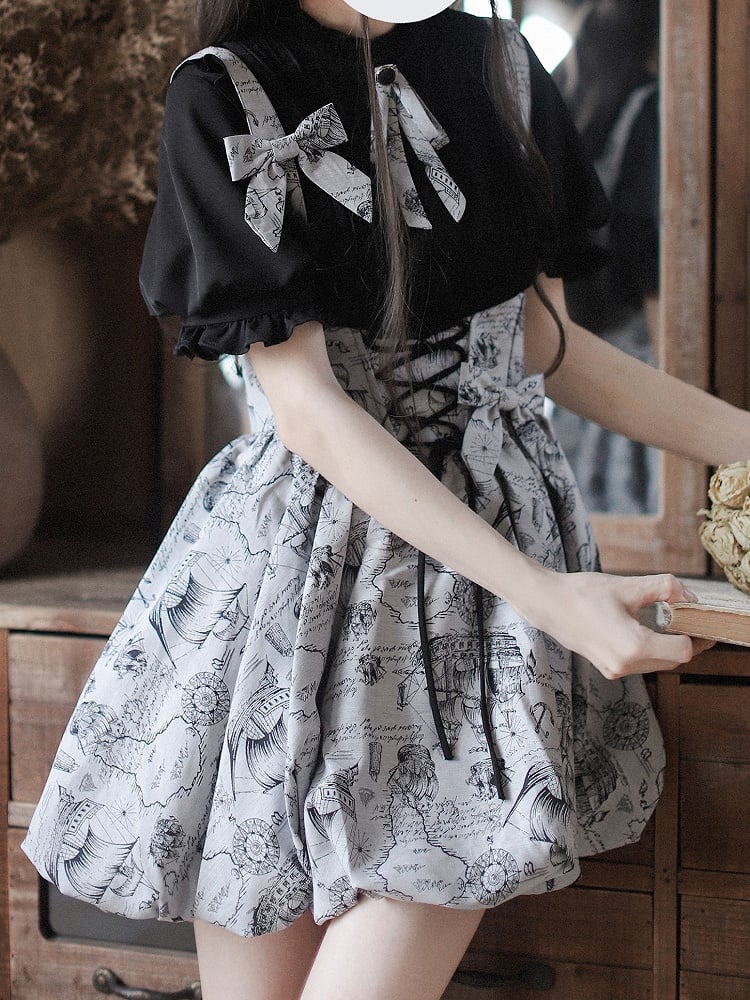 Black Ruffle Neckline Blouse with Puff Sleeves and Pleating Details