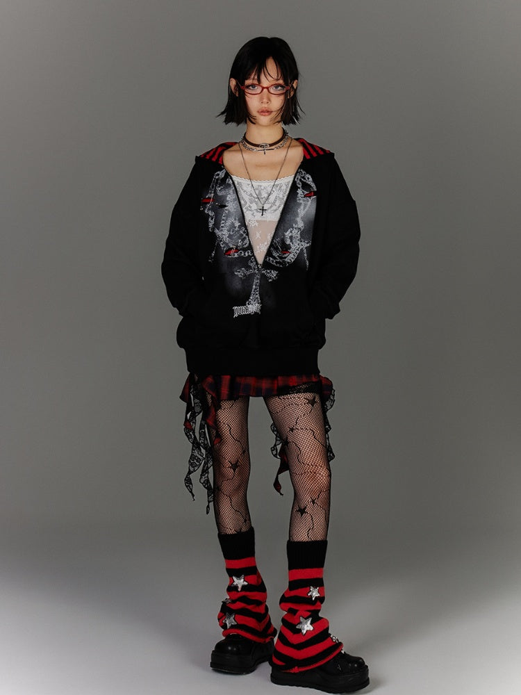 Two-pieces Hoodie Graphic Accents Holes Y2K Black Distressed Pin Faux