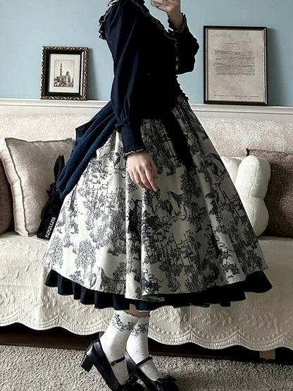 Piece Animals Lolita White Print Long-Sleeve One Dark Elegant Blue Forest