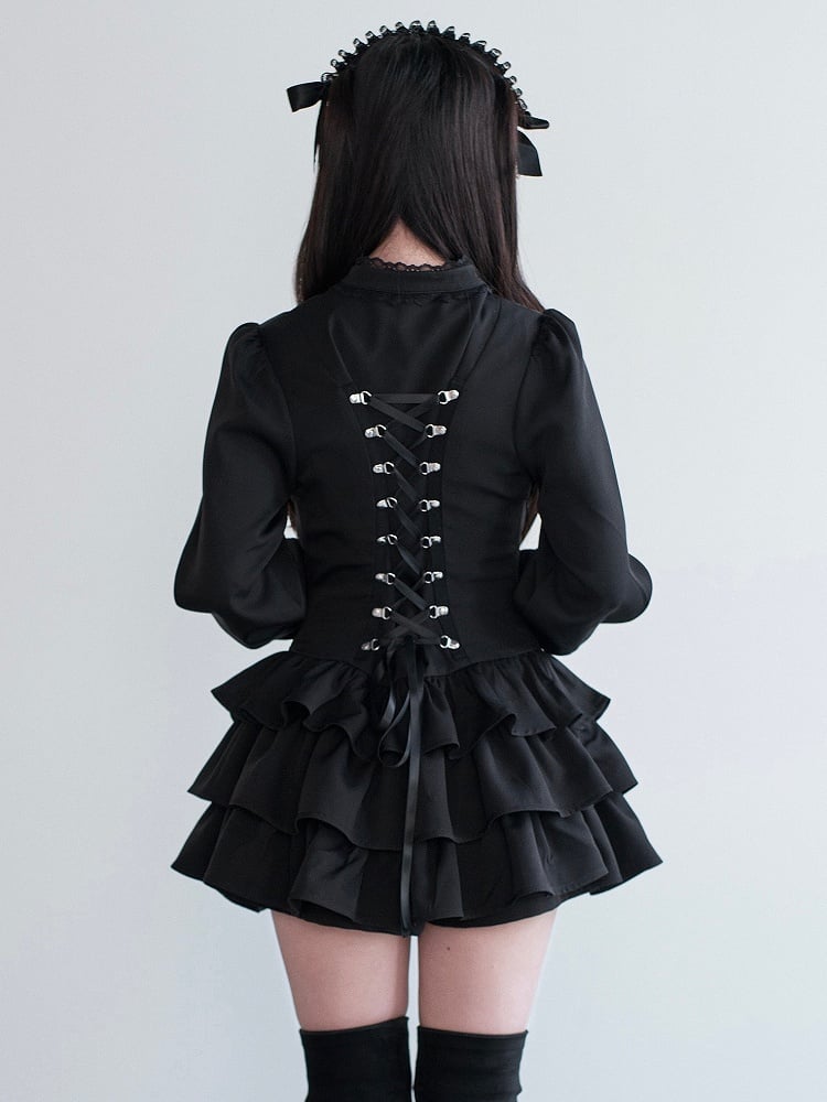 Set Multi-Layer Dress Black Cross Cut-Out Matching Shorts Bow + Decor Ruffled Kei Jirai