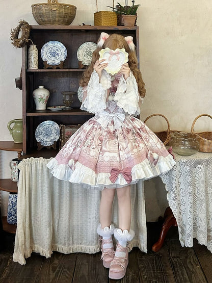 Bow Lolita Strawberry Sweet with Pink Print Jumper Skirt Accents and Kitty