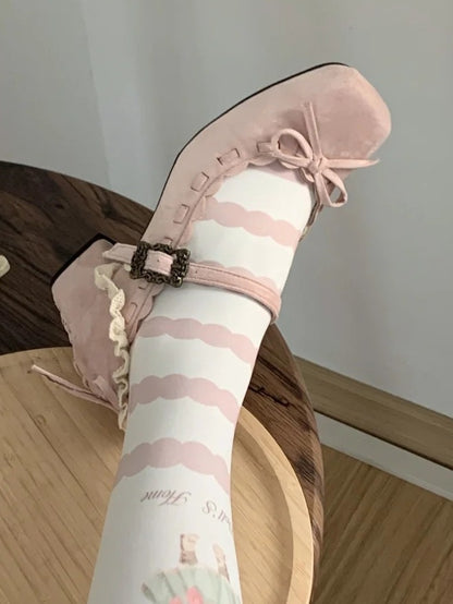 Mid - Toe Bow Lolita Pink Elegant for Square Heel Mary Janes Accent with
