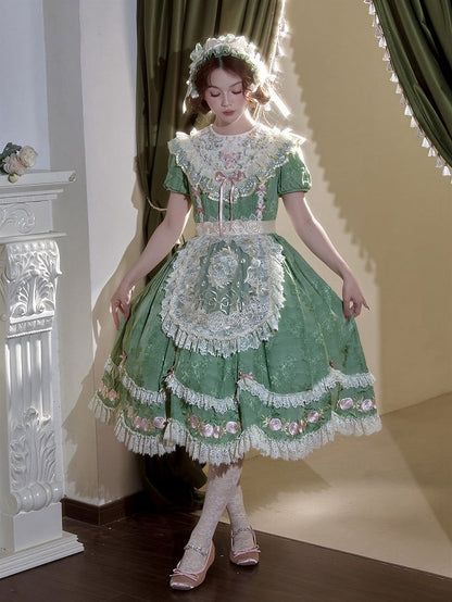 Floral Embroidered Green Lolita OP Gown with Scalloped Lace Hem