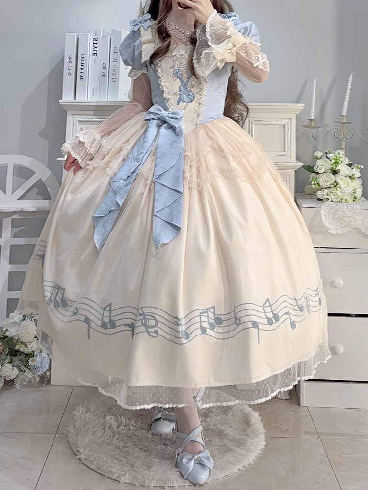 Dress Blue Version Print Lolita Elegant Note Beige Lace Violin Classic with Embroidery Long Musical