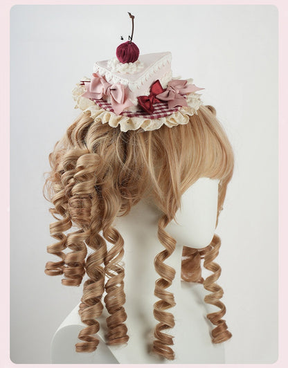 Sweet Lolita Pink Bow Ruffled Trim Red Cherry Triangular Cake Mini Hat
