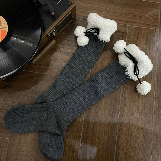 with Slouchy Pom-Pom Ribbed Stockings Sherpa 5-Color Cuff Accents