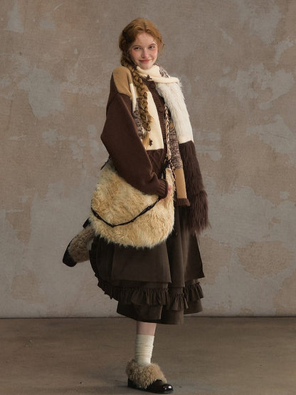 Pony Brown Knitted Patchwork Beige with Vintage Cardigan Motif