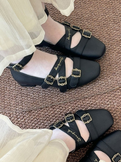 Square Low Classic Black Crisscross Design Heels Toe with Lolita