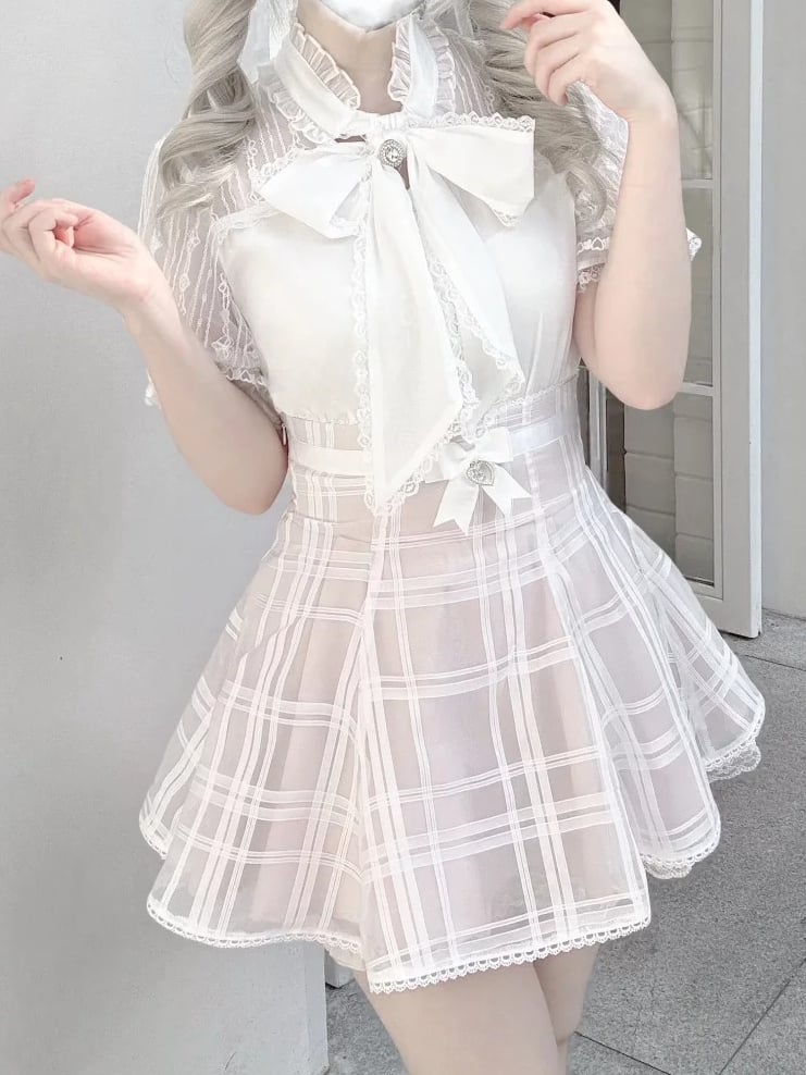 Plaid Organza Skirt with Lace-up Back Jirai Kei Pink