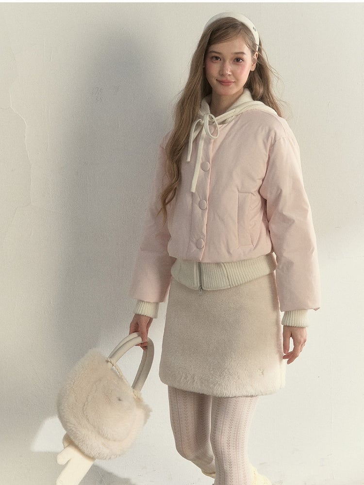 Jacket with Pink Hooded Down Bow Fake Two-Piece Details