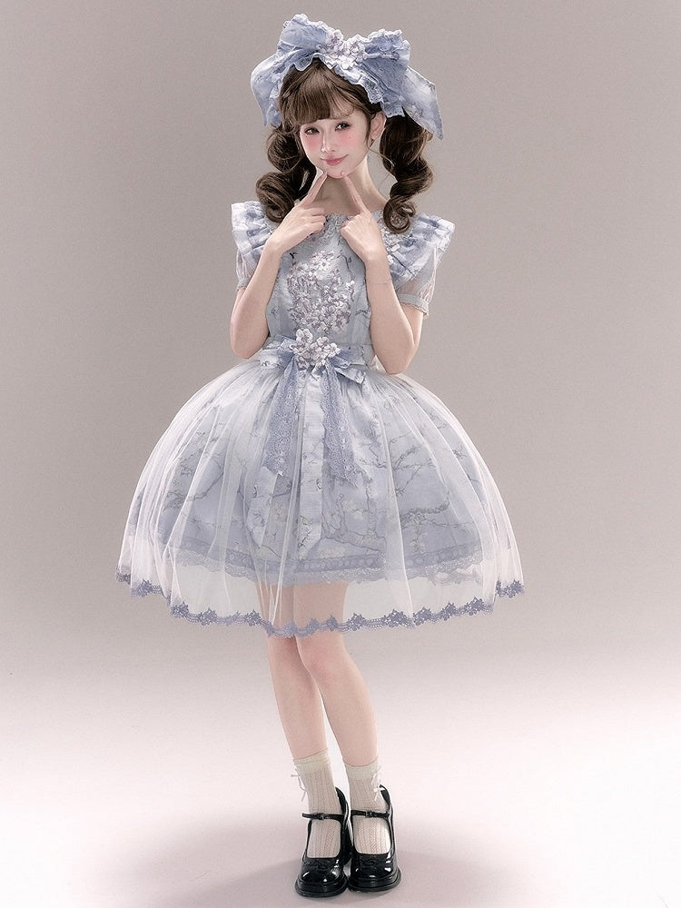 Blue & Purple Floral Embroidery Flutter Sleeve Bow Lolita Overlay Dress with Lace - Yimu Walnut
