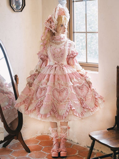 Rosa Hanayome Rosette Stickerei Blumen und Perlenkette Details Lolita OP Komplettset