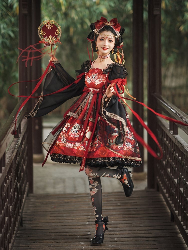 Chinoiserie Lolita Black Tiger & Auspicious Cloud Print Tights