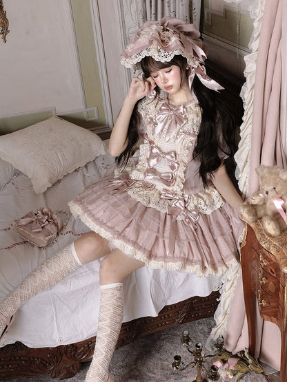 Sleeves Puff Pink with Waist Bow Dress and Sweet Beige Low Lolita Accents