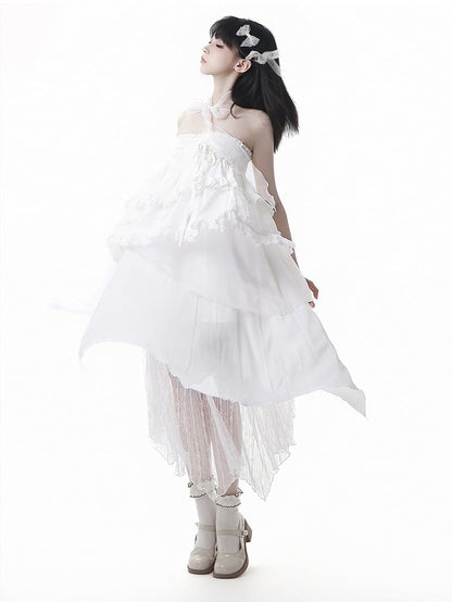 スカート ホワイト ウエストゴム ハンカチ裾 レース