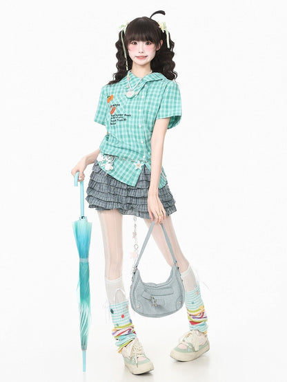 Green Asymmetrical Plaid Shirt with Orange Embroidery - Languid Park