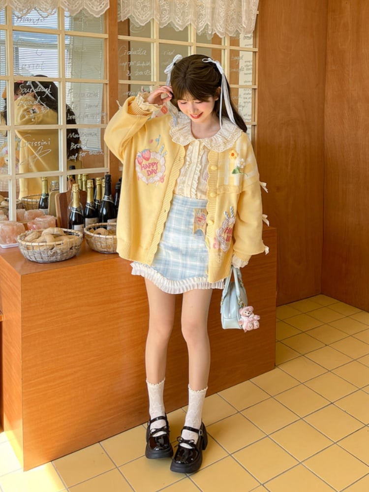 Ruffled Lace Trim Blue  Embroidery White Strawberry Cake Plaid Skirt