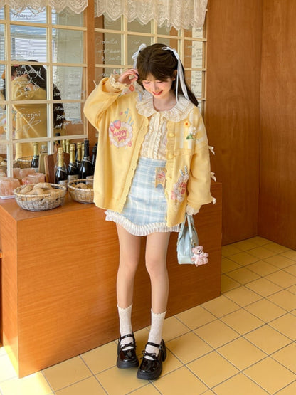 Ruffled Lace Trim Blue  Embroidery White Strawberry Cake Plaid Skirt