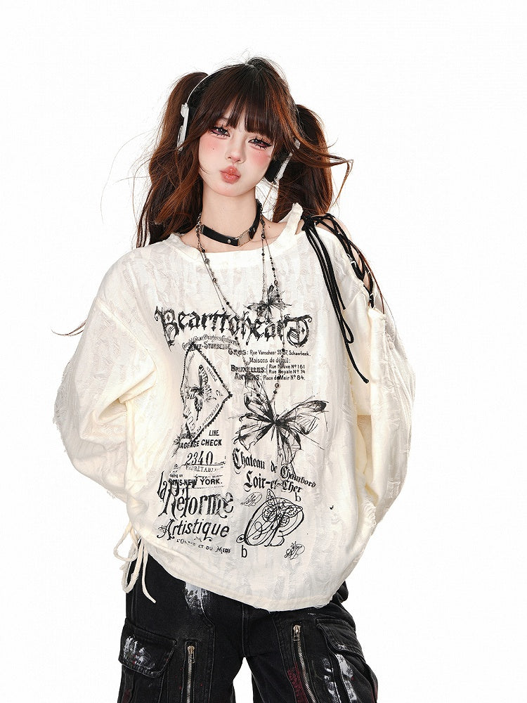 Apricot Slouchy Knit Top with Shoulder Cutout and Lace-Up Strap