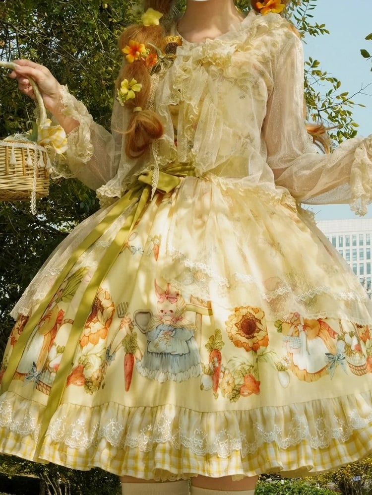 Lolita Overlay Sweet Plaid Bunny Print with and Yellow Dress JSK Sunflower Hem