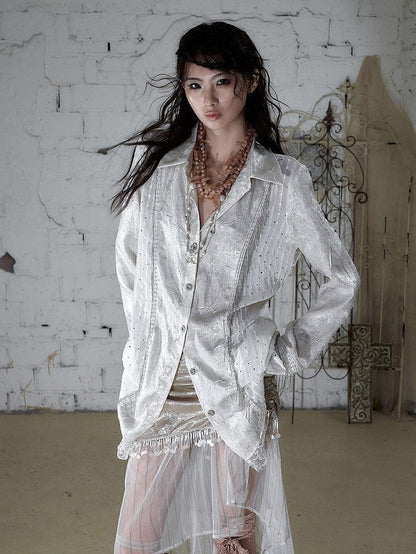 Beige Satin Lace-Trimmed Punk Shirt with Chain Accents