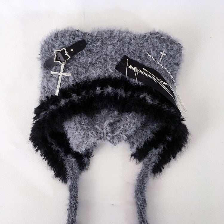 Bonnet Beanie avec boucles d'oreilles et ours en tricot gris en peluche