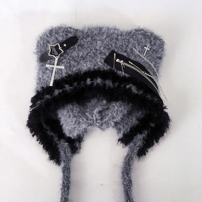 Bonnet Beanie avec boucles d'oreilles et ours en tricot gris en peluche
