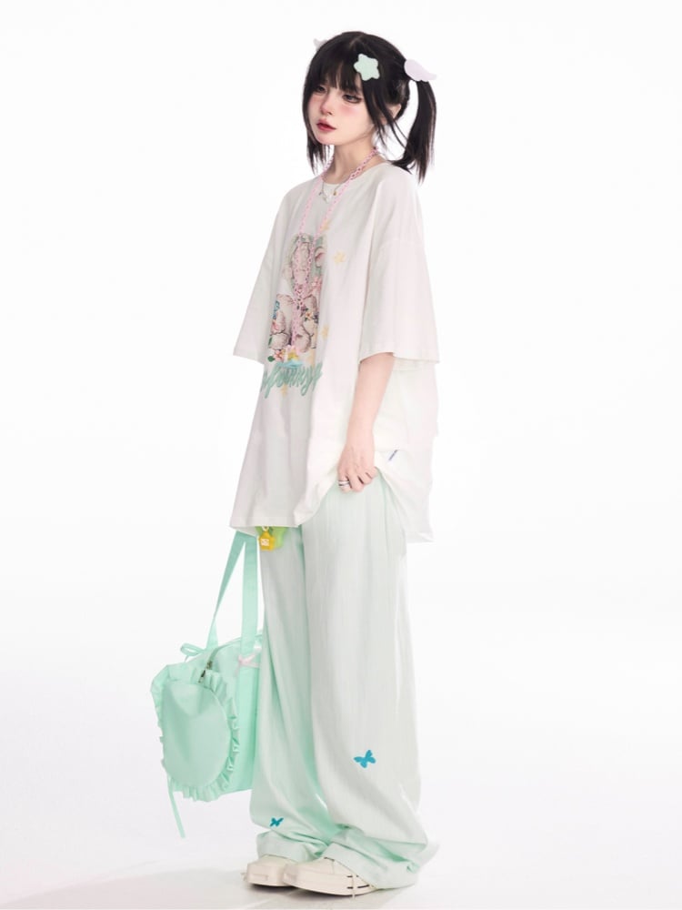 T-Shirt Loose White Round Neck Cute Deer Print