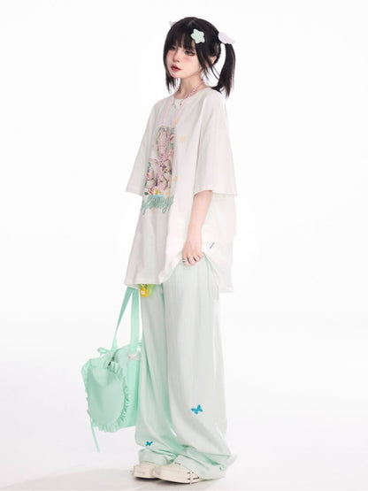 Tシャツ ホワイト ラウンドネック キュート 鹿柄 ルーズ