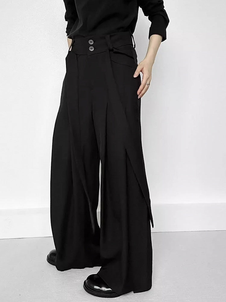 Wide-Leg Side Ribbons with Ouji Lolita Two-Button Fly Pants Black