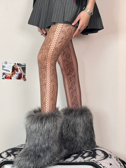 Strumpfhose Cut-out Rosette Schwarz/Weiß/Braun/Lila Y2K Design Muster