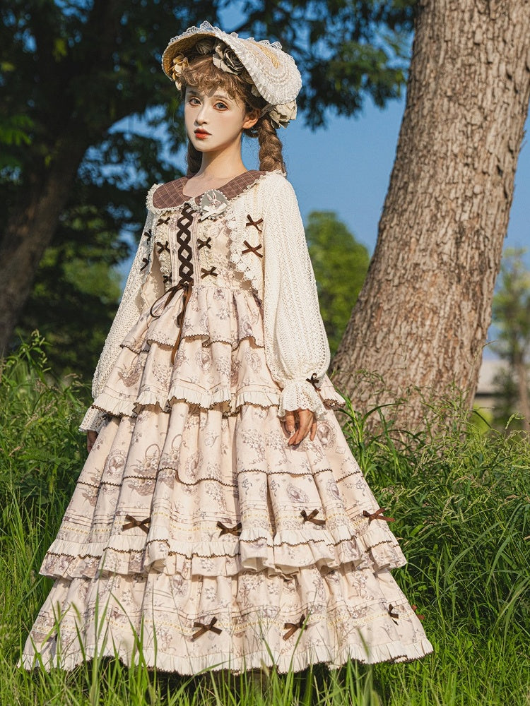 Beige & Brown Floral Print Tiered Ruffles Elegant Classic Lolita Dress + Crochet Lace Lolita Cardigan Set