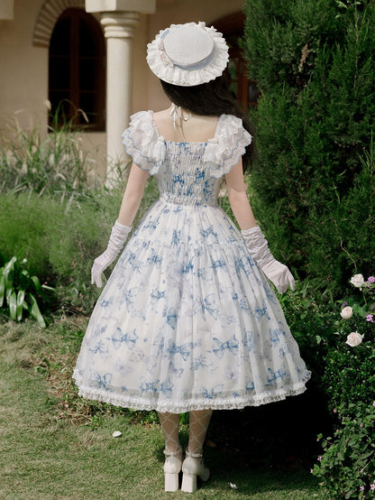 Blue Bows and Butterfly Print Lolita Dress Two Ways Wear Neckline