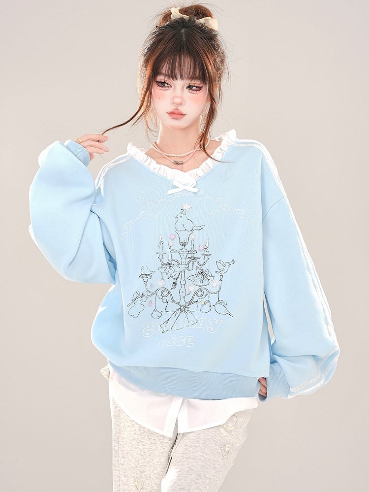 Grey/Blue Lampstand Print Ruffle Trim V-neck Sweatshirt